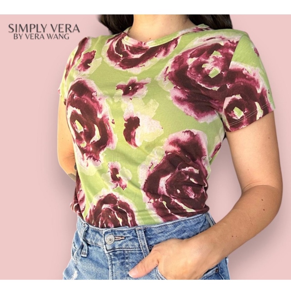 Simply Vera Vera Wang Tshirt Women large green pink floral 100 cotton
